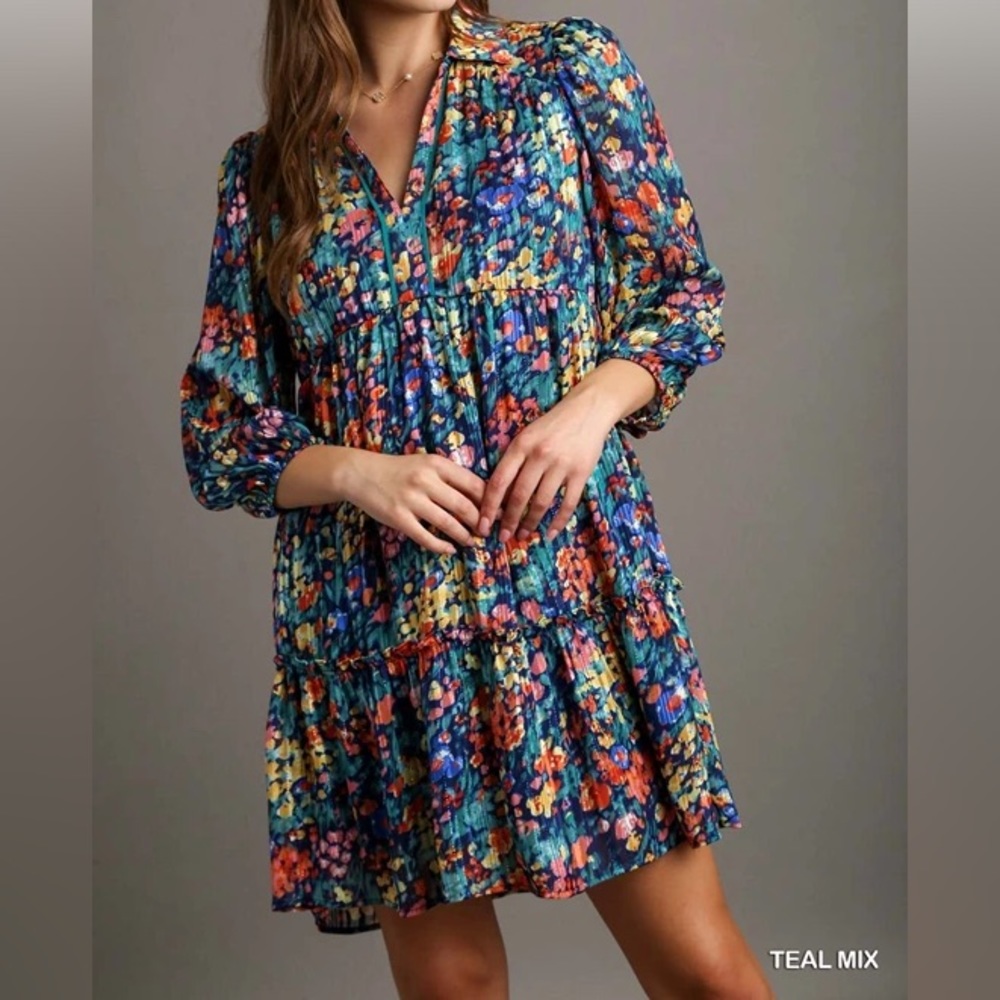 NEW Umgee Teal Metallic Floral Dress Size Small